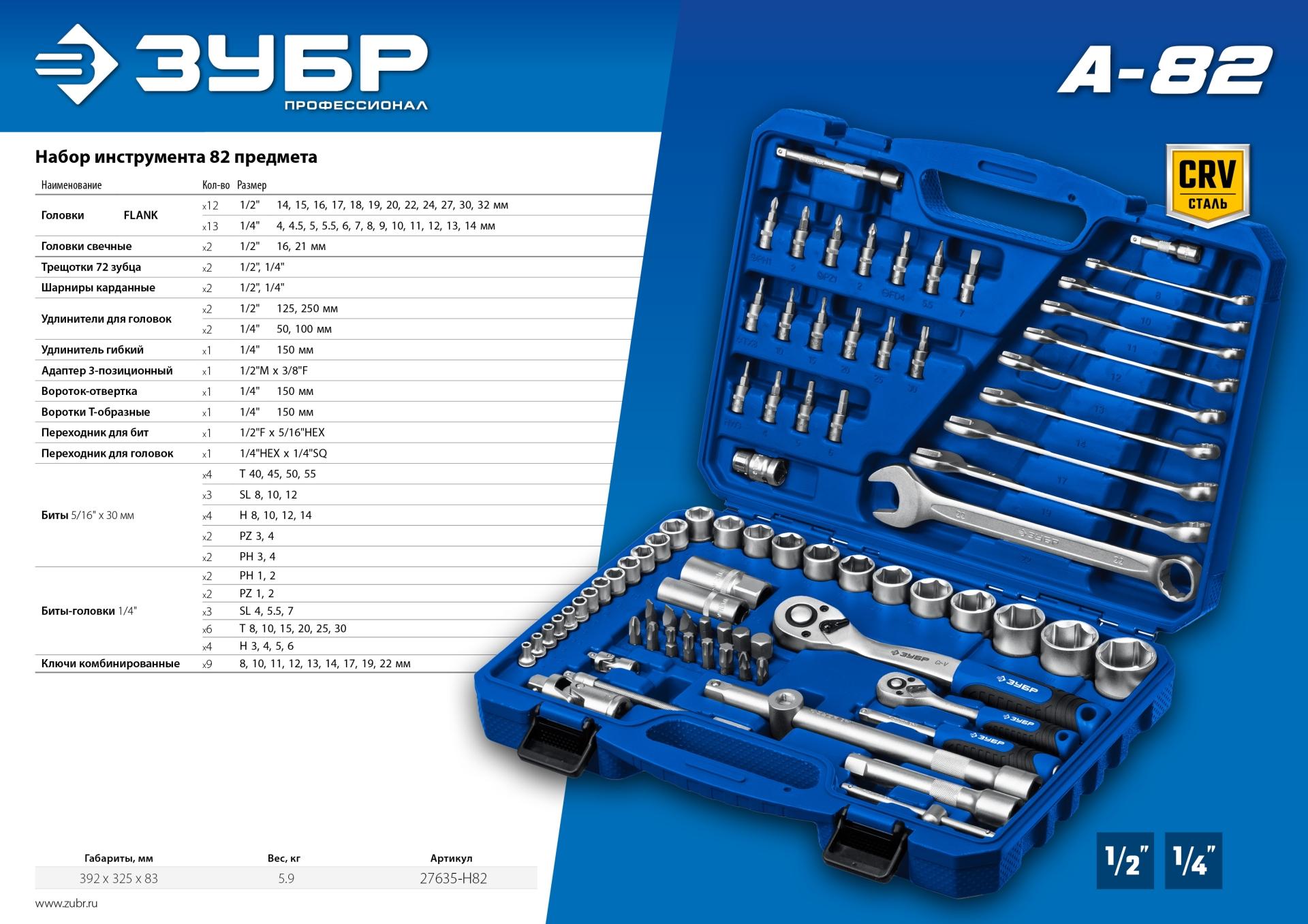 ЗУБР А-82, 82 предм.,(1/2″ + 1/4″), универсальный набор инструмента, Профессионал (27635-H82)