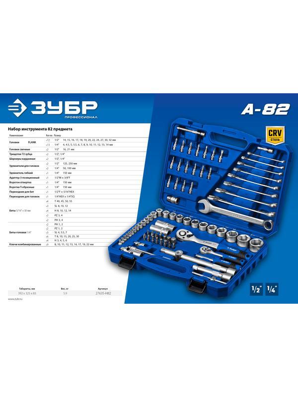 ЗУБР А-82, 82 предм.,(1/2″ + 1/4″), универсальный набор инструмента, Профессионал (27635-H82)