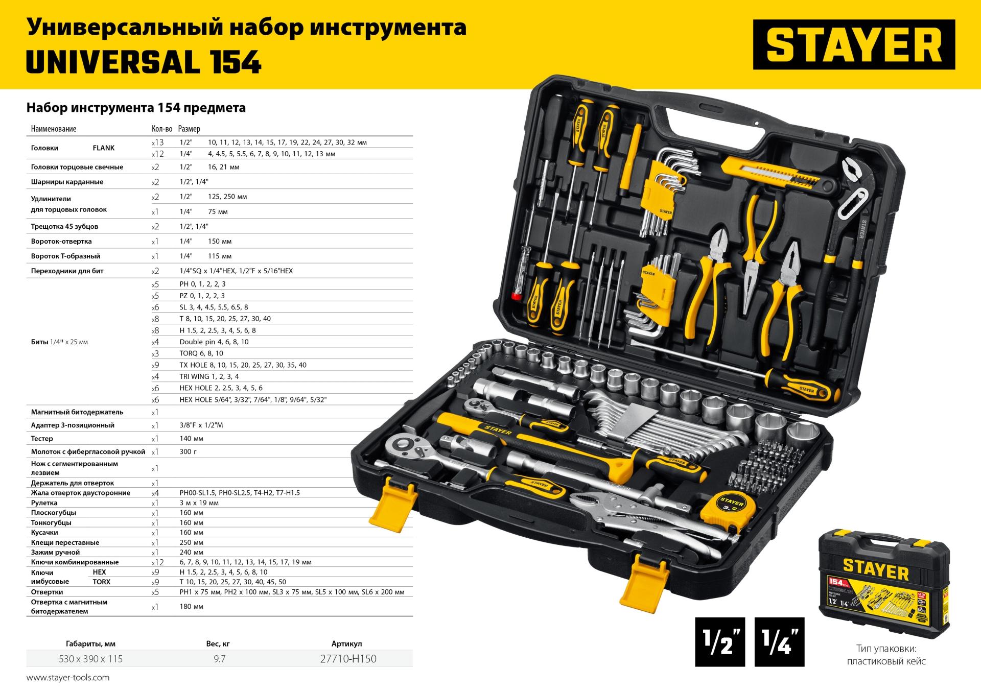 STAYER UNIVERSAL 150, 150 предм., (1/2″+ 1/4″), универсальный набор инструмента, Professional (27710-H150)