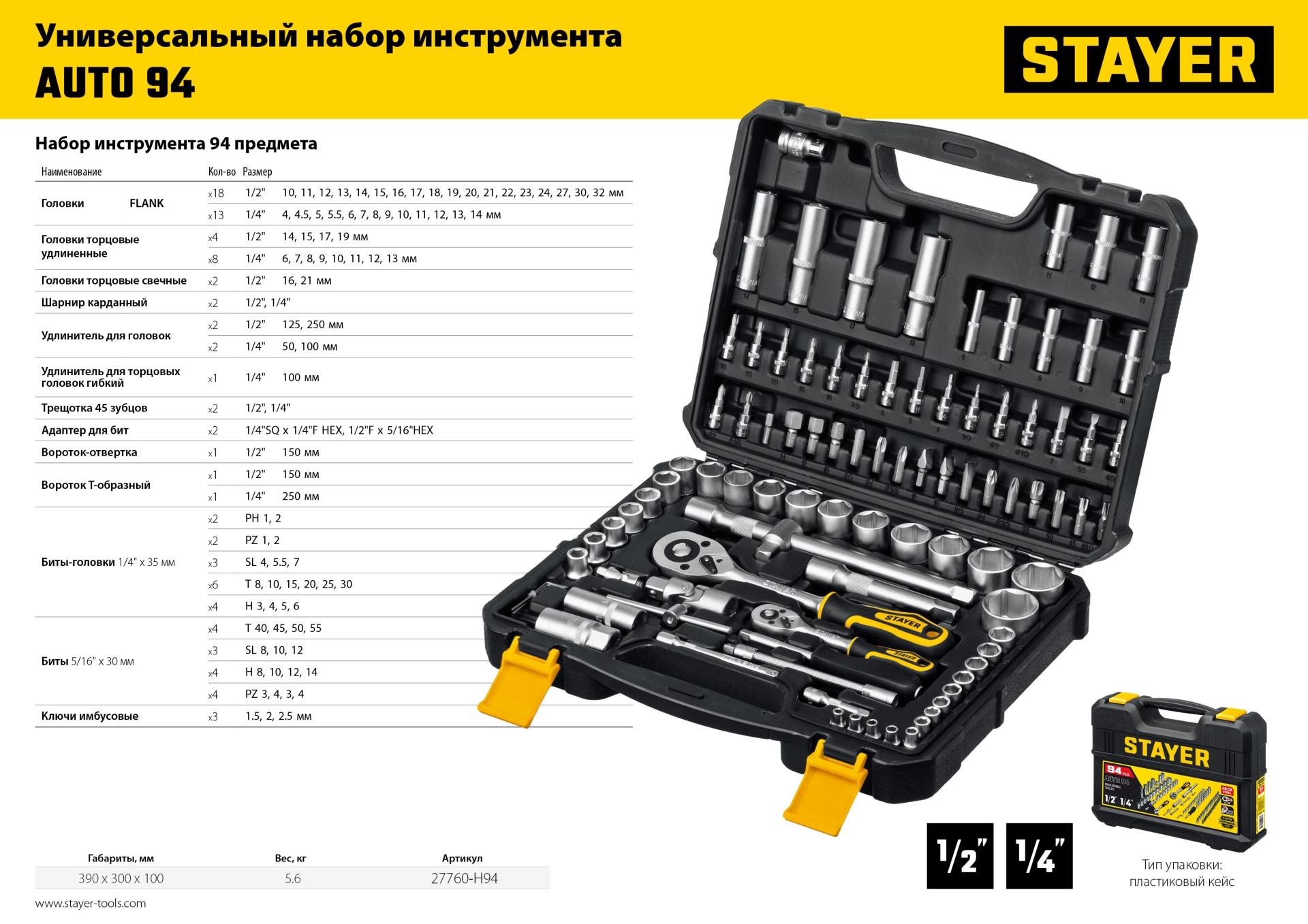 STAYER AUTO 94, 94 предм., (1/2″+1/4″), универсальный набор инструмента, Professional (27760-H94)