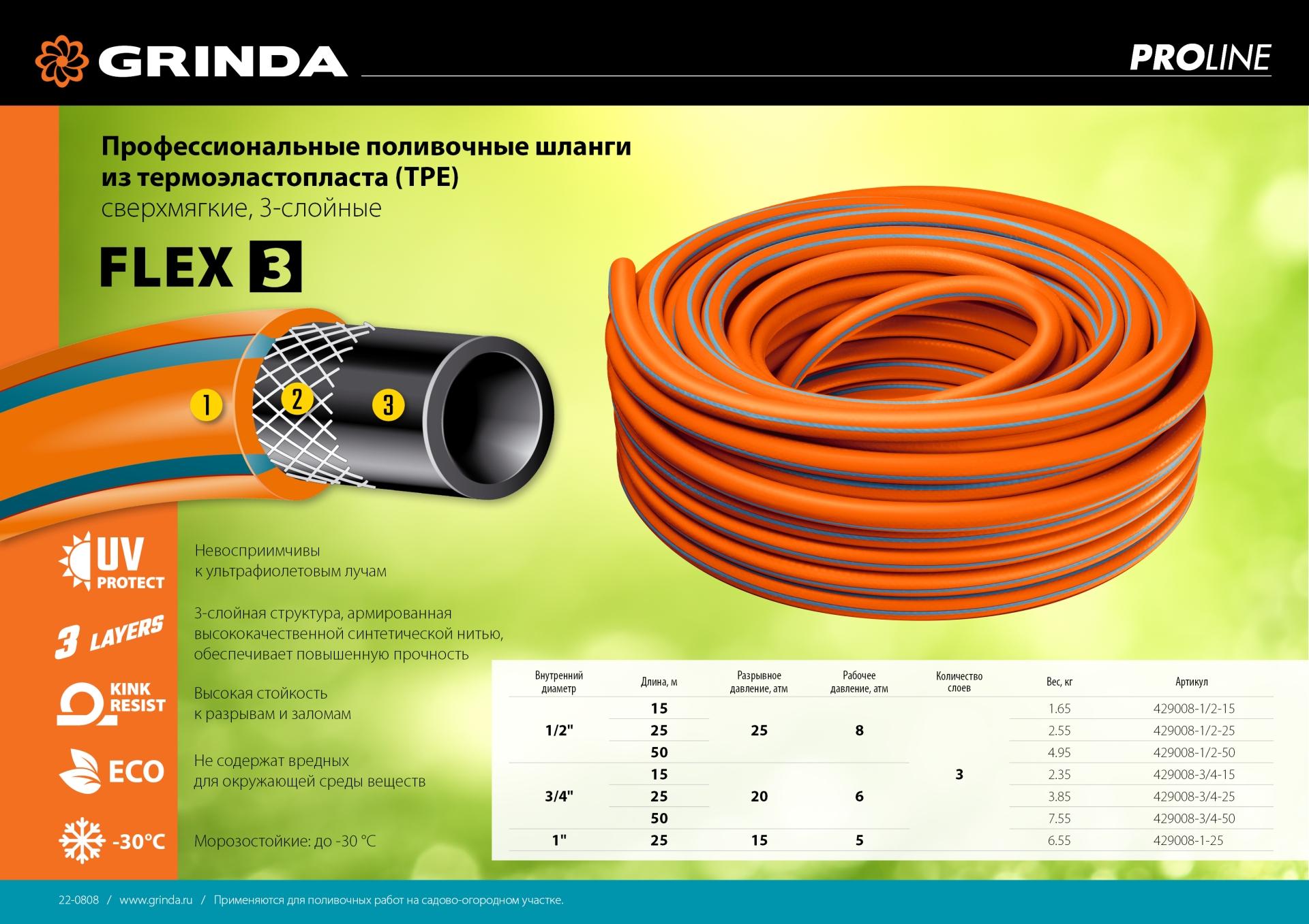 GRINDA FLEX 3, 3/4″, 25 м, 20 атм, из термоэластопласта, трёхслойный, армированный, гибкий, поливочный шланг, PROLine (429008-3/4-25)