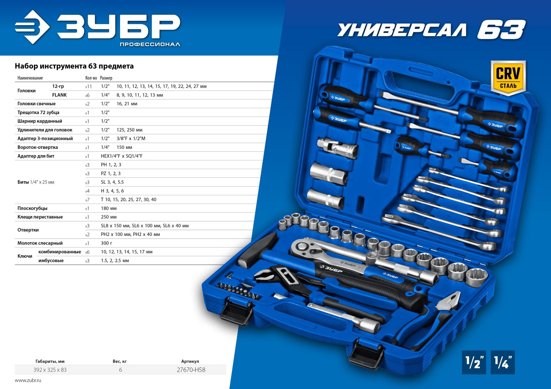 ЗУБР Универсал-63, 63 предм., (1/2″+ 1/4″), универсальный набор инструмента, Профессионал (27670-H58)