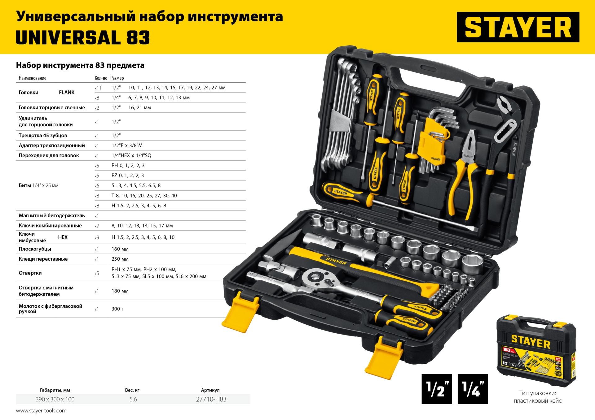 STAYER UNIVERSAL 83, 83 предм., (1/2″+ 1/4″), универсальный набор инструмента, Professional (27710-H83)