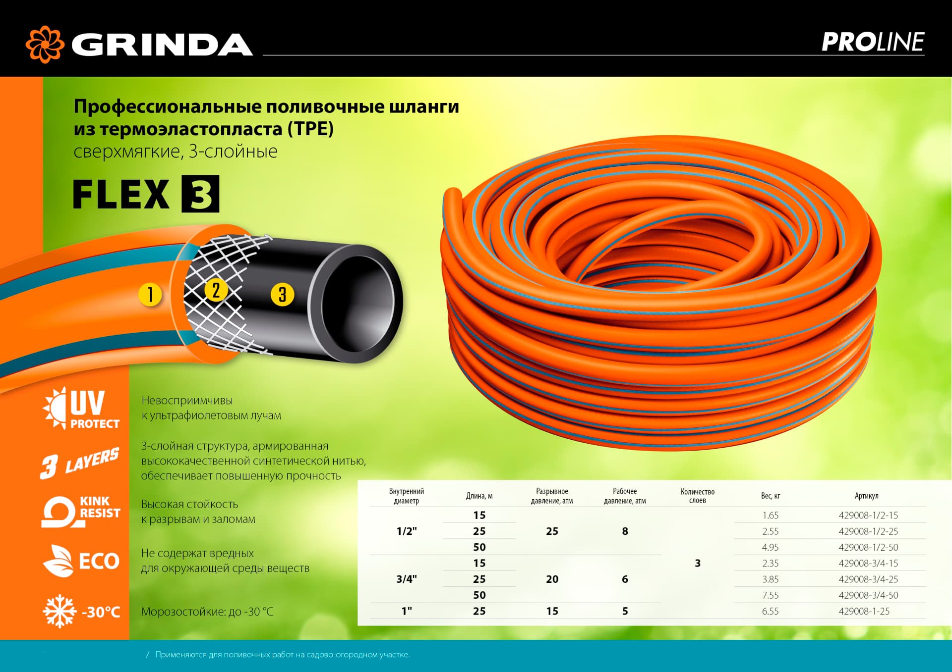 Шланг поливочный GRINDA 429008-3/4-50, 20 атм, из термоэластопласта, трёхслойный, армированный, гибкий / 3/4″, 50 м.