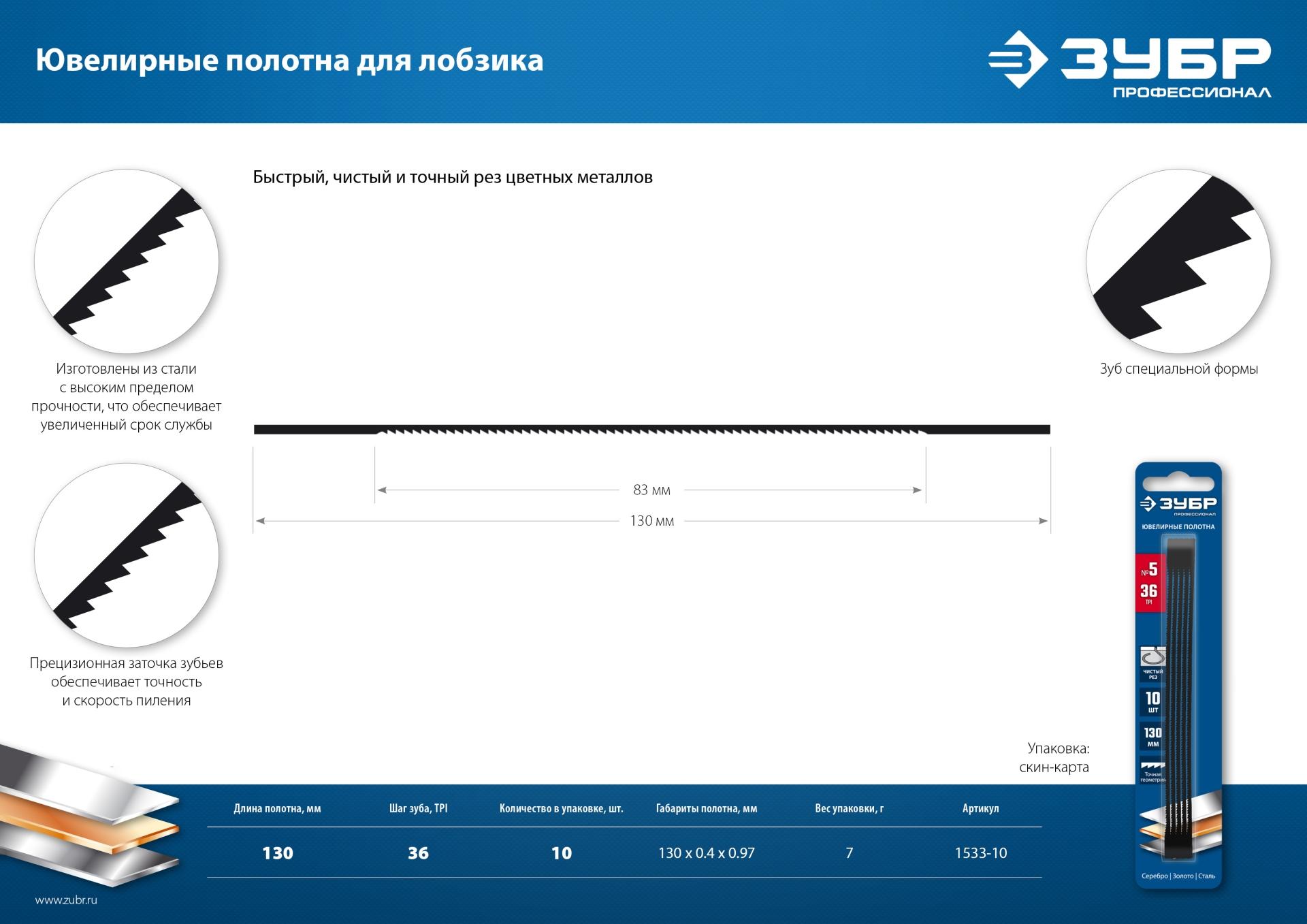 ЗУБР 130 мм, 36 TPI, 10 шт, полотна ювелирные для лобзика, Профессионал (1533-10)