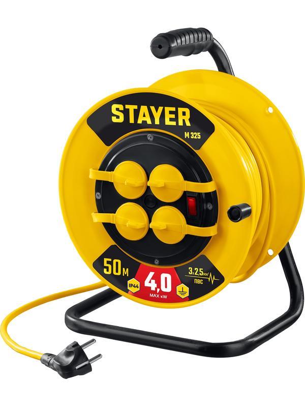 STAYER М-325, ПВС, 3 х 2.5 мм2, 50 м, 4000 Вт, IP44, силовой удлинитель на катушке (55064-50)