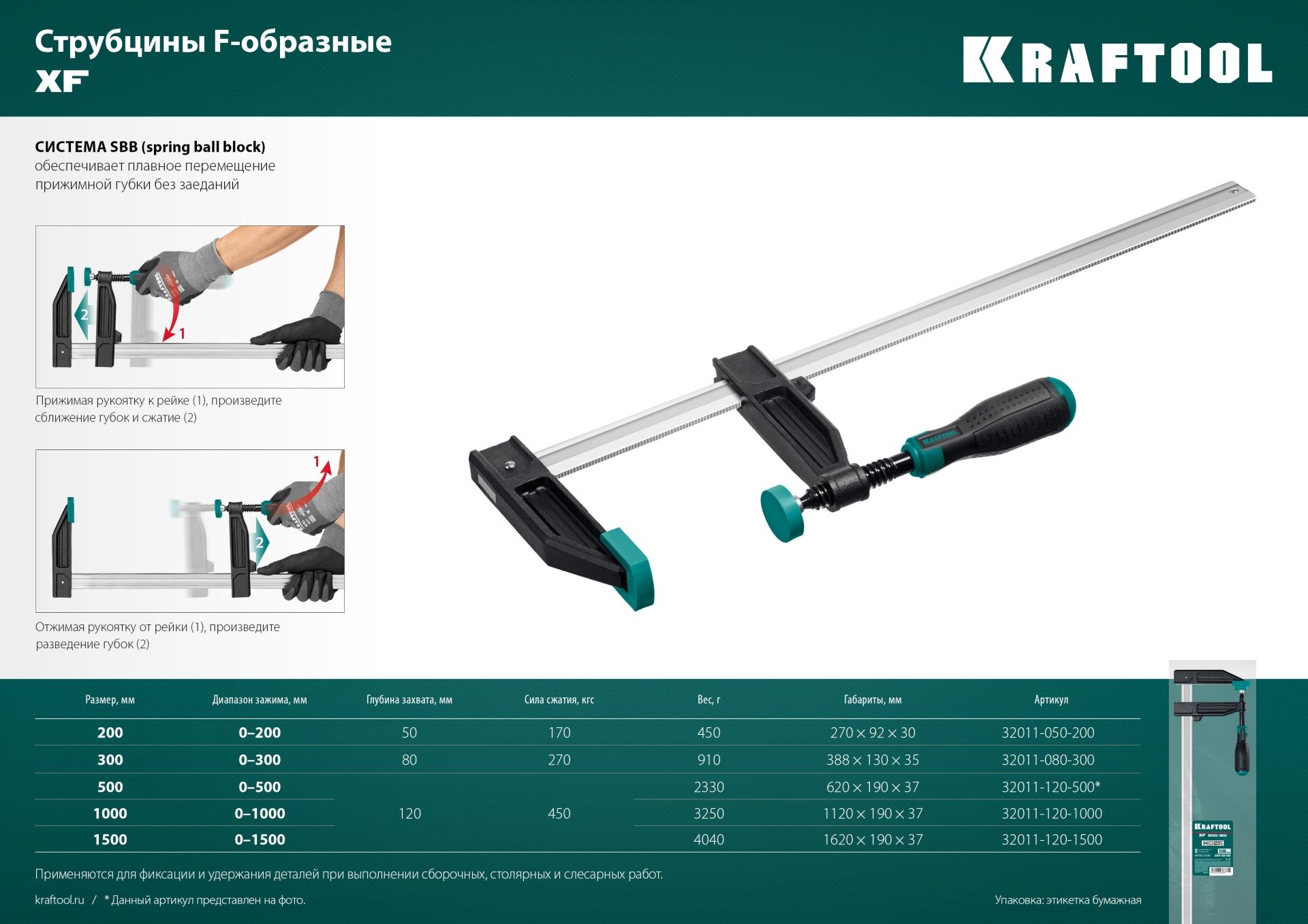 KRAFTOOL XF-1500/120, 120 х 1500 мм, струбцина F (32011-120-1500)