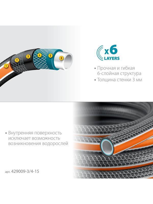 GRINDA ULTRA 6, 3/4″, 15 м, 25 атм, шестислойный, двойное армирование, поливочный шланг, PROLine (429009-3/4-15
