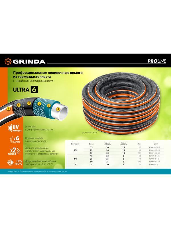 GRINDA ULTRA 6, 3/4″, 15 м, 25 атм, шестислойный, двойное армирование, поливочный шланг, PROLine (429009-3/4-15