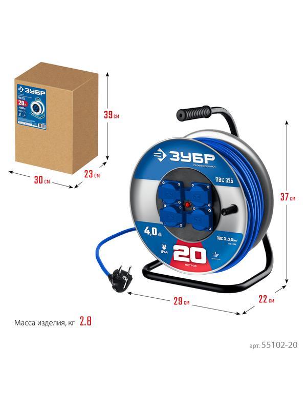 ЗУБР ПВС-325, ПВС, 3 x 2.5 мм2, 20 м, 4000 Вт, IP44, силовой удлинитель на стальной катушке, Профессионал (55102-20)
