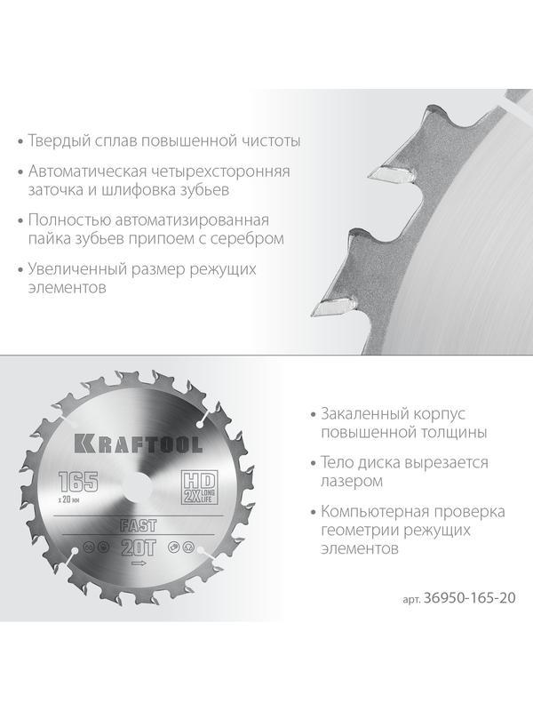 Пильный диск по дереву Kraftool Fast, 165 х 20 мм, 20Т (36950-165-20)