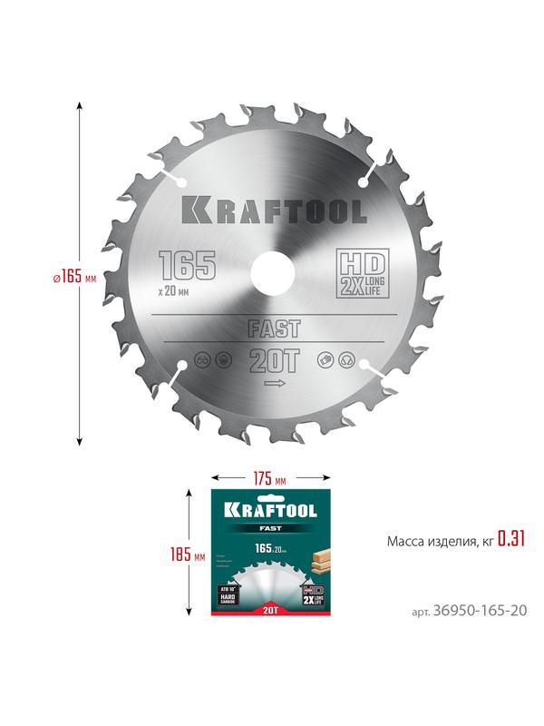 Пильный диск по дереву Kraftool Fast, 165 х 20 мм, 20Т (36950-165-20)