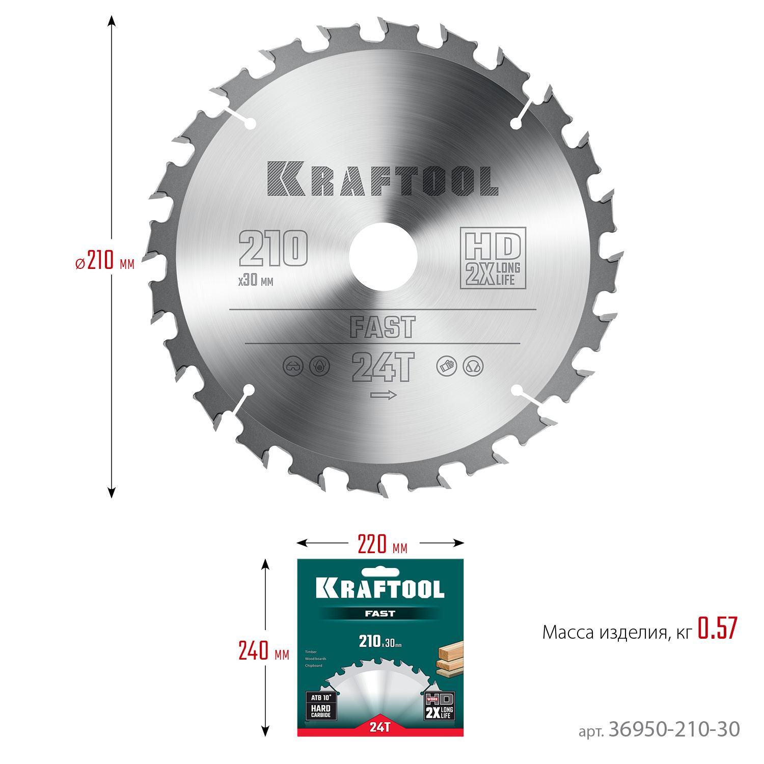 Пильный диск по дереву Kraftool Fast, 210 х 30 мм, 24Т (36950-210-30)