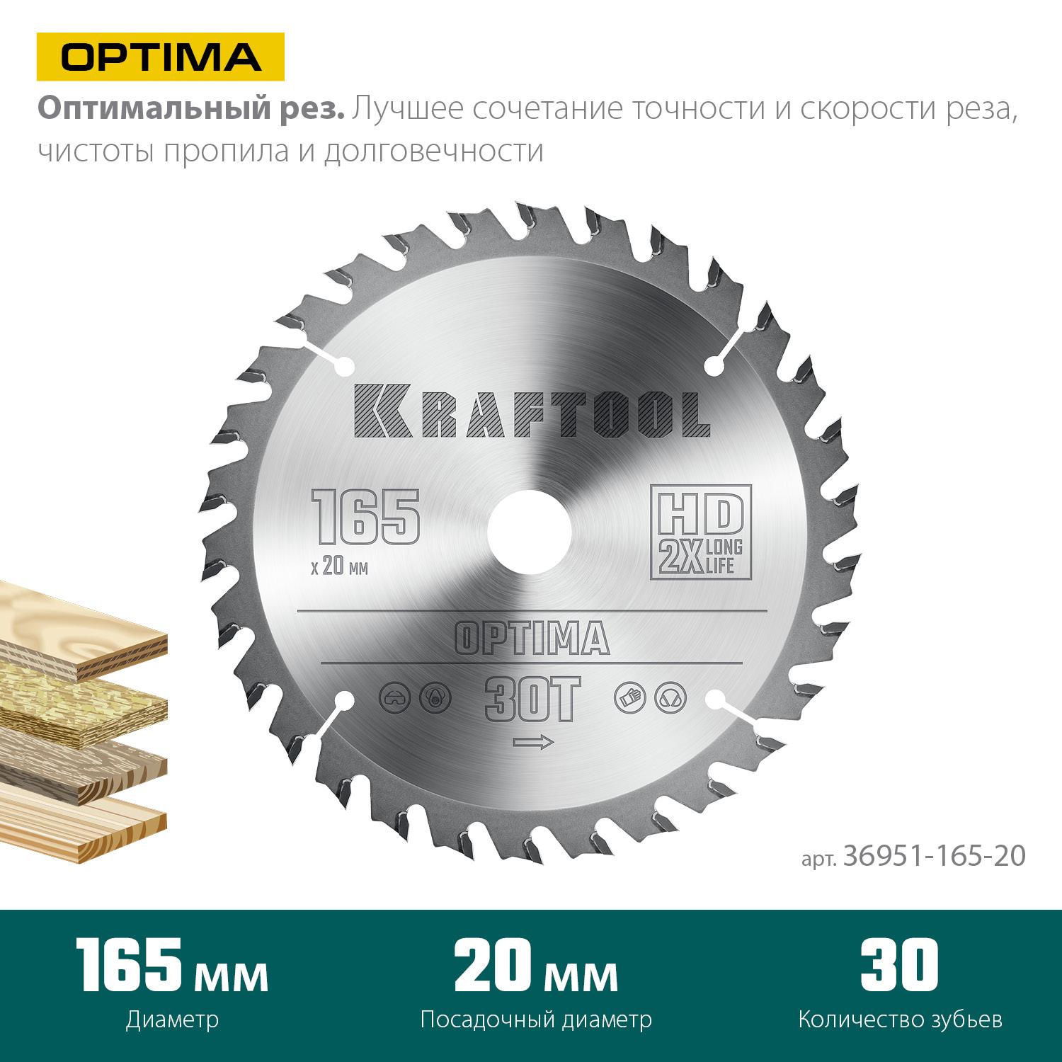 Пильный диск по дереву Kraftool Optima, 165 х 20 мм, 30Т (36951-165-20)