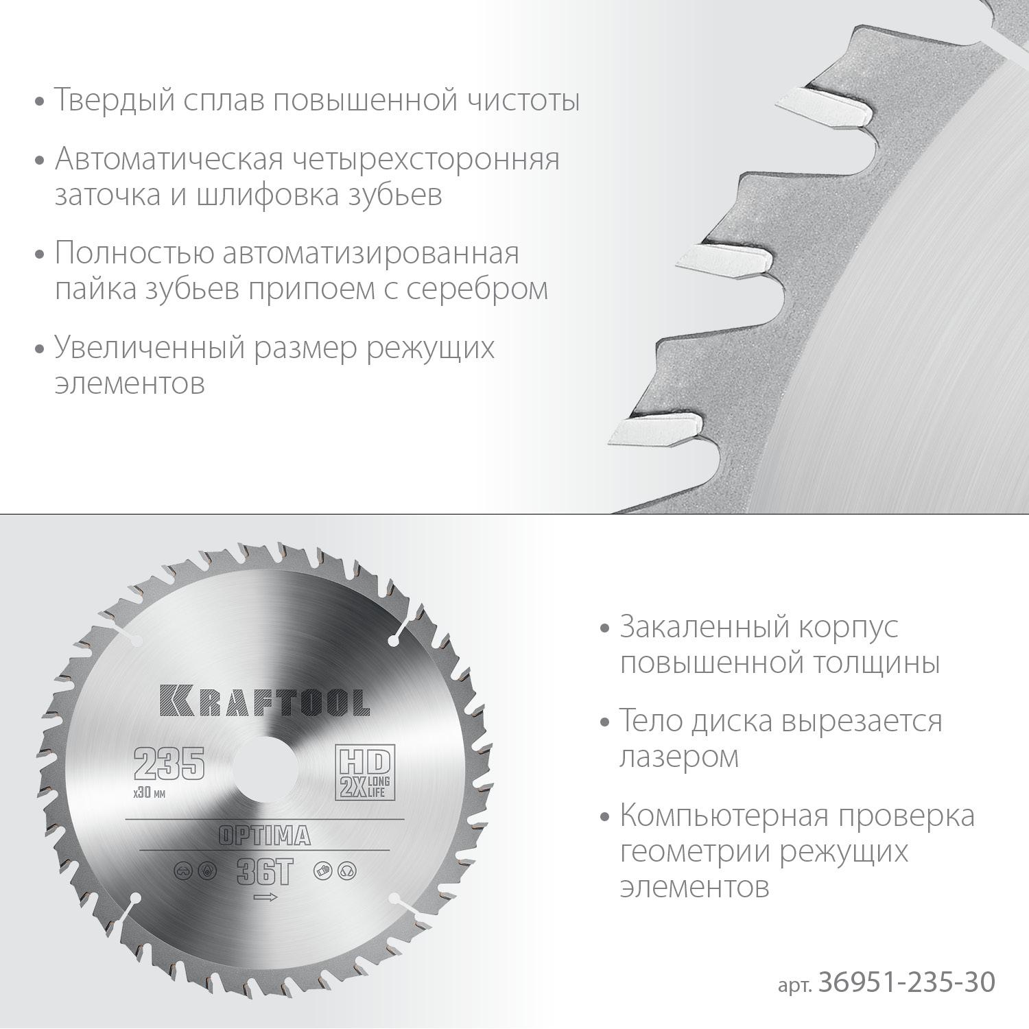 Пильный диск по дереву Kraftool Optima, 235 х 30 мм, 36Т (36951-235-30)