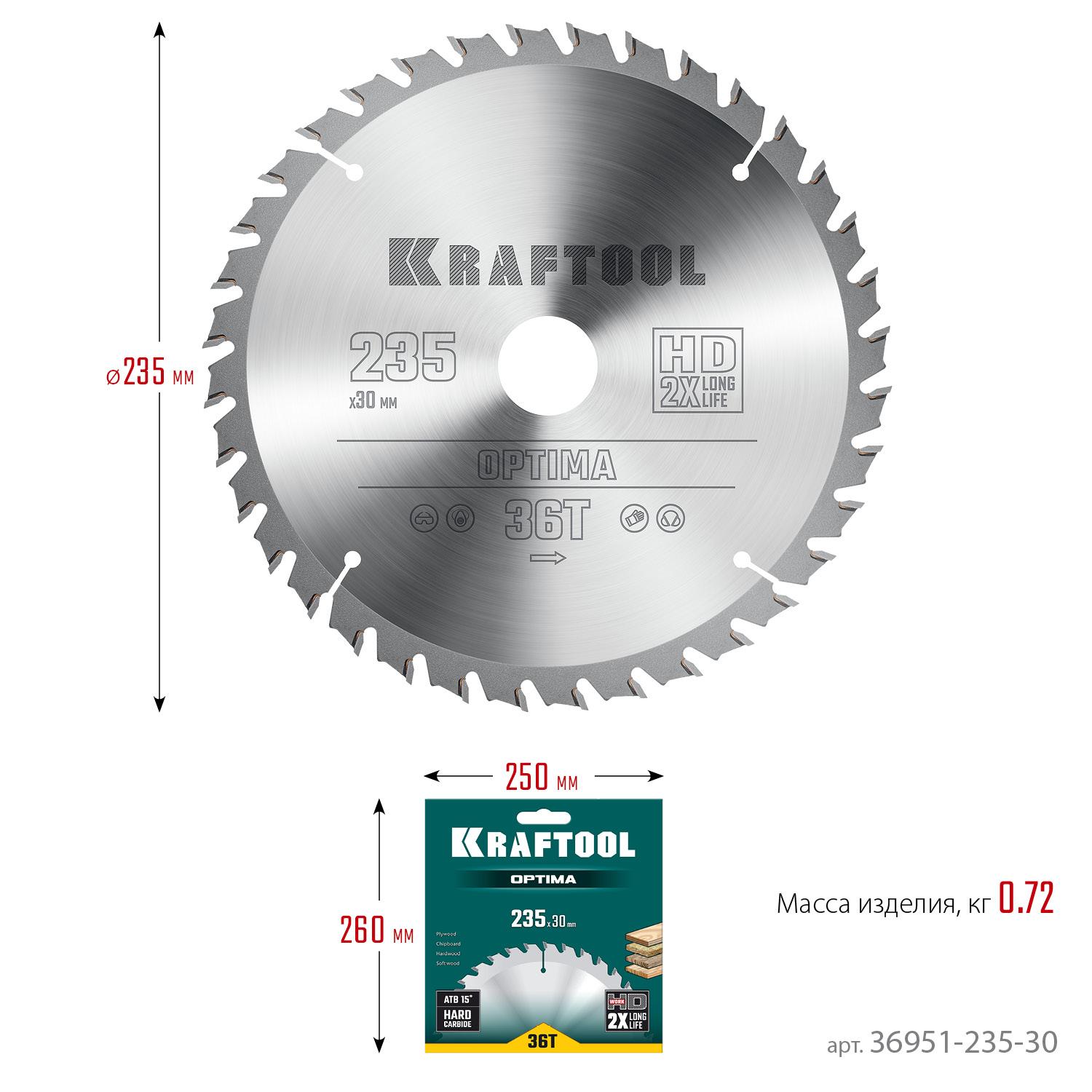 Пильный диск по дереву Kraftool Optima, 235 х 30 мм, 36Т (36951-235-30)