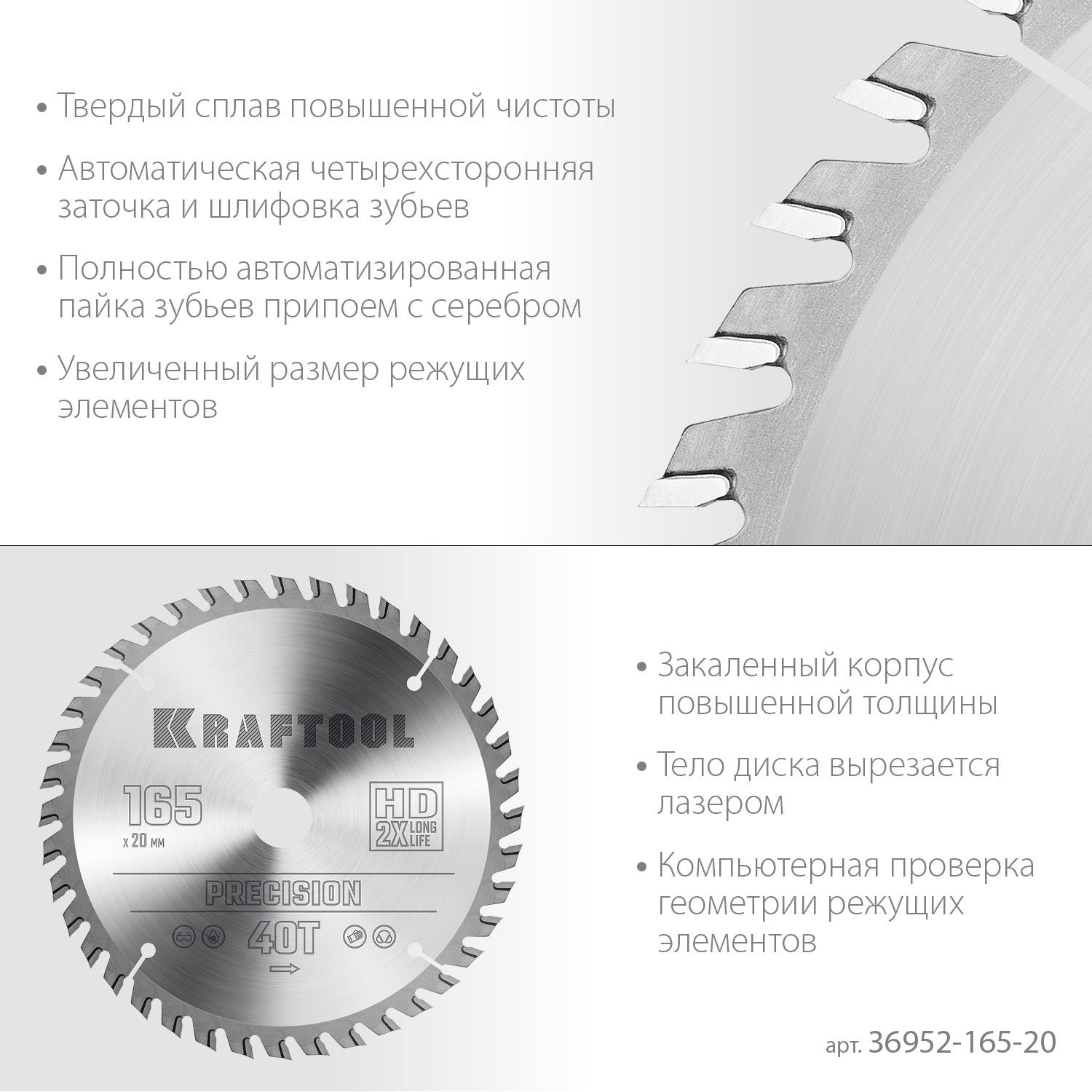 Пильный диск по дереву Kraftool Precision, 165 х 20 мм, 40Т (36952-165-20)