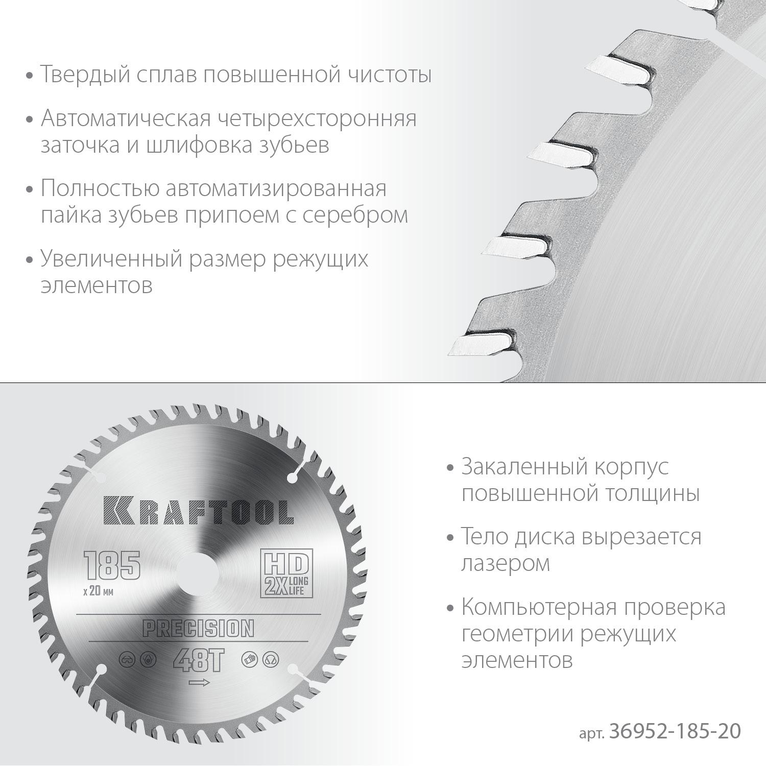 Пильный диск по дереву Kraftool Precision, 185 x 20 мм, 48Т (36952-185-20)