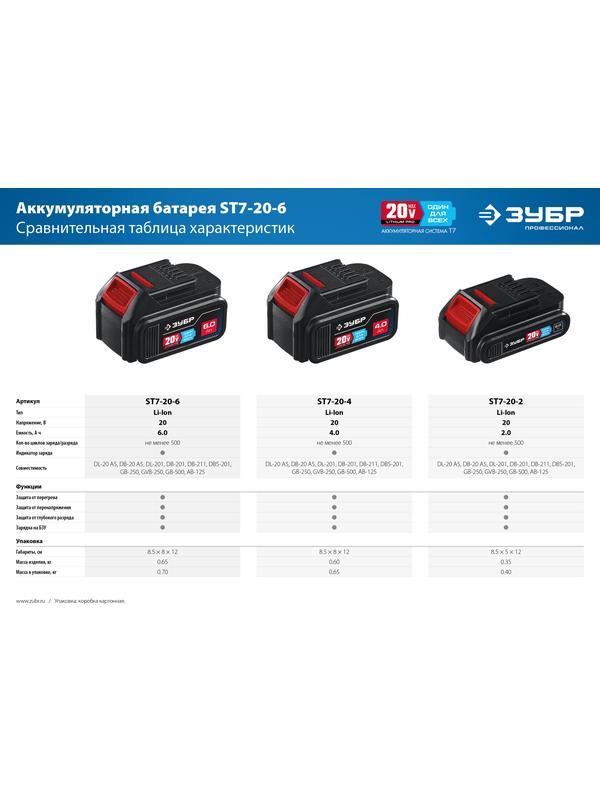 ЗУБР T7, 20 В, 6.0 А·ч, аккумуляторная батарея, Профессионал (ST7-20-6)