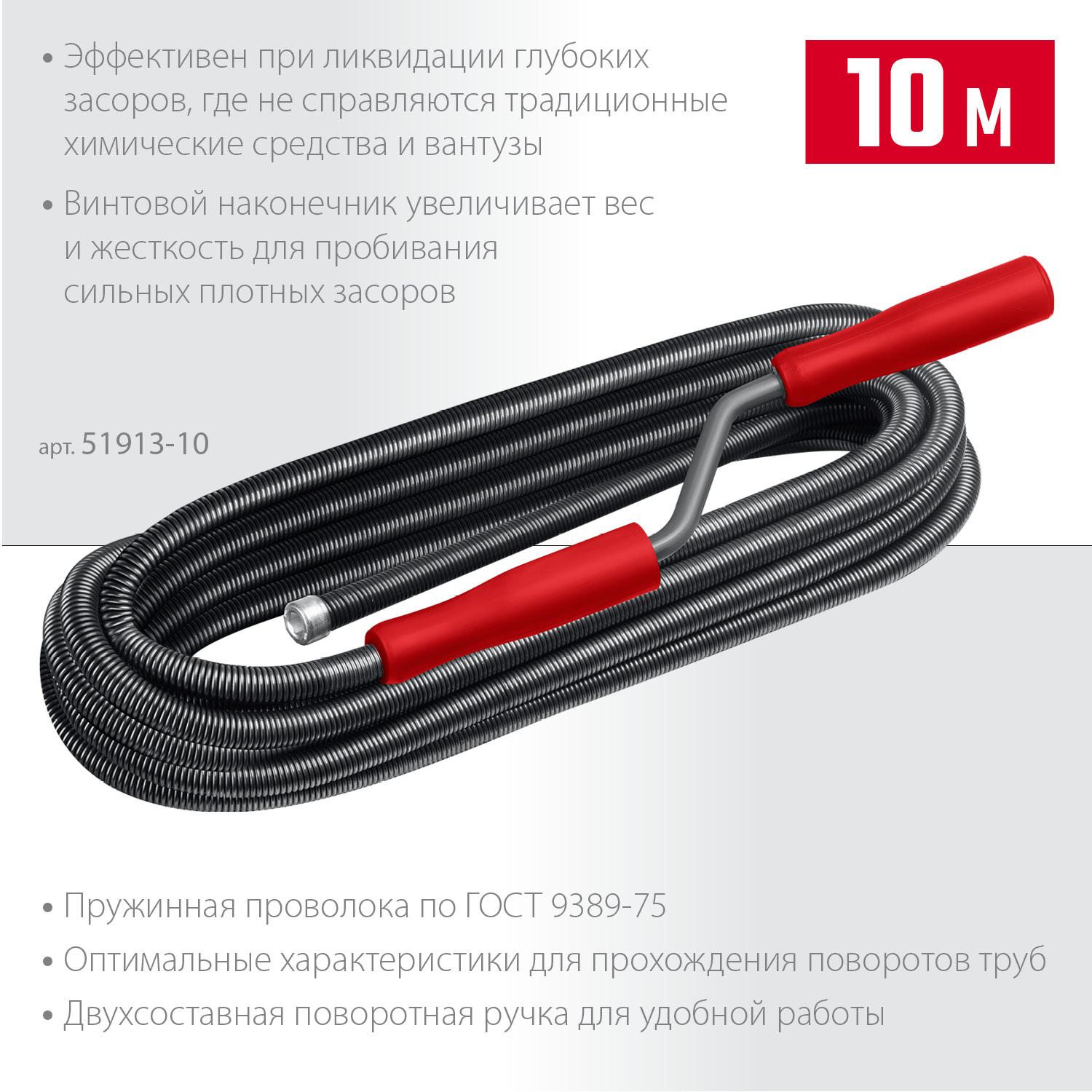 Трос сантехнический 10 м, d 13 мм. СИБИН 51913-10