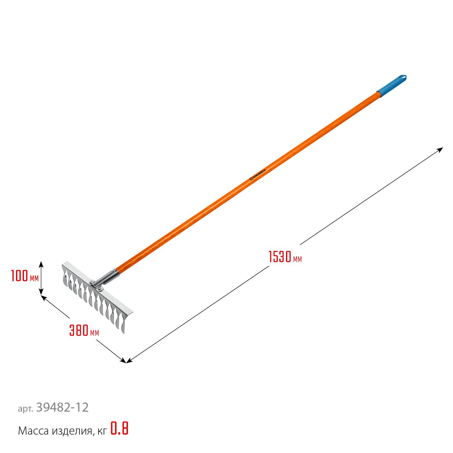 Грабли GRINDA PS-12 FIBER, 380 х 100 х 1530 мм, 12 витых зубцов, нержавеющая сталь, фибергласовый черенок, садовые грабли, PROLine (39482-12)