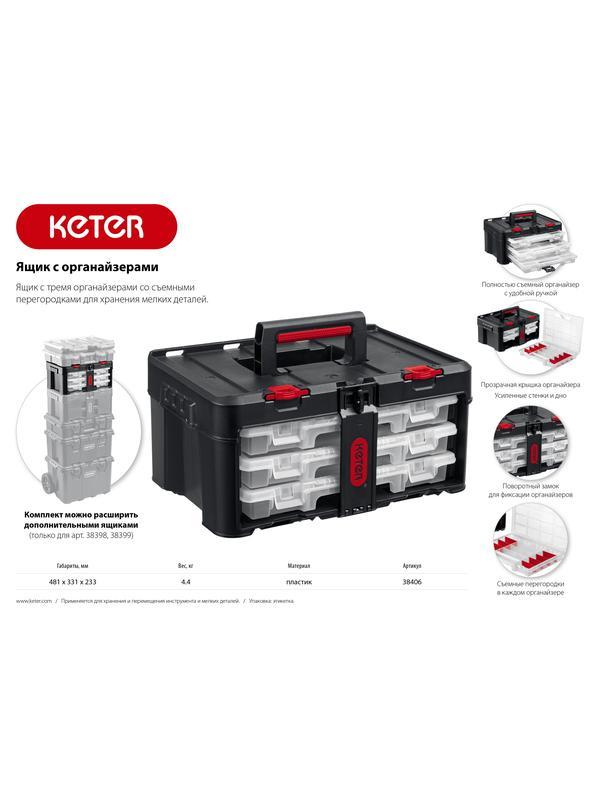 KETER STACKNROLL, 481 х 332 х 233 мм, (19″), пластиковый ящик с 3 органайзерами и 18 ячейками (38406)