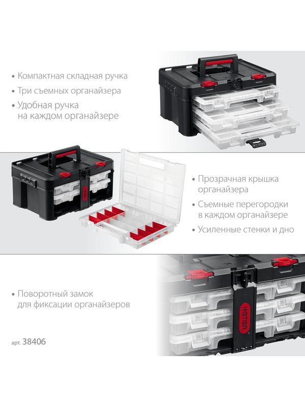 KETER STACKNROLL, 481 х 332 х 233 мм, (19″), пластиковый ящик с 3 органайзерами и 18 ячейками (38406)