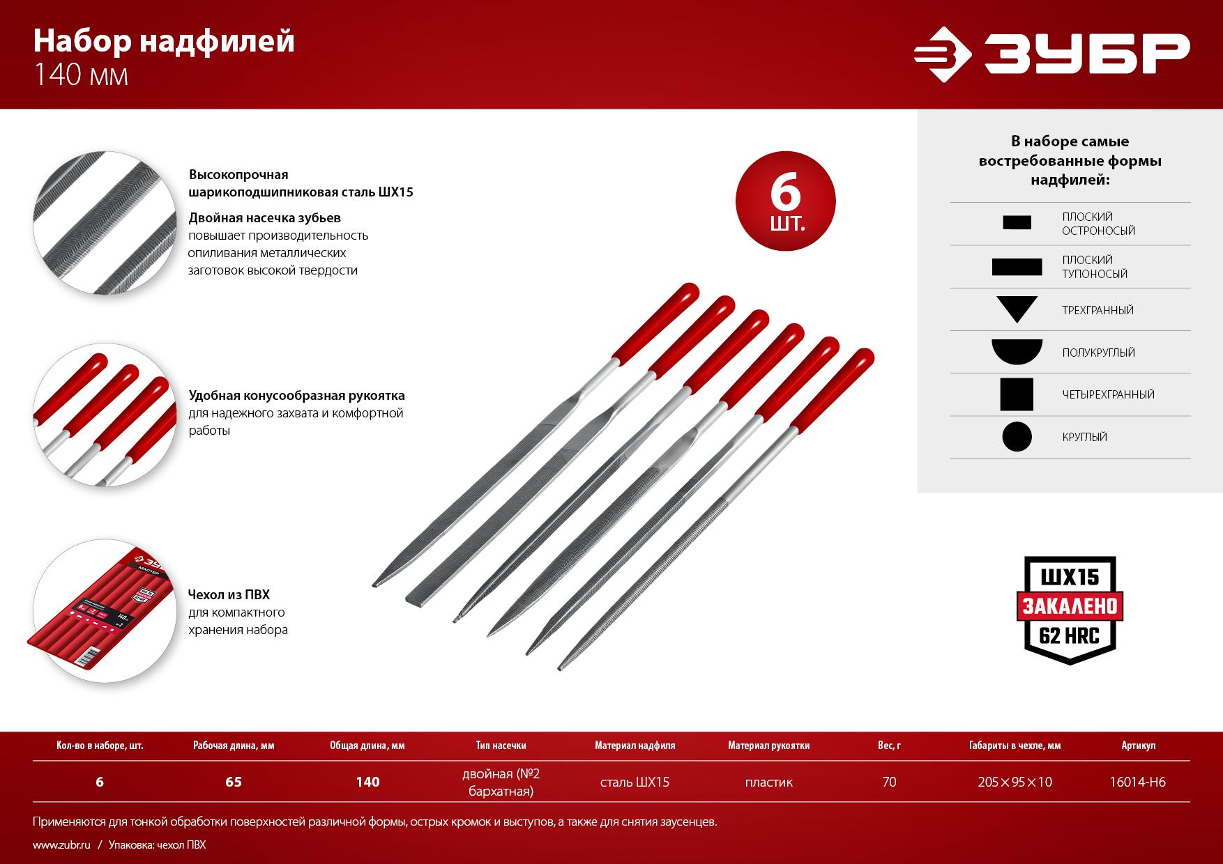 ЗУБР 6 шт, 140 мм, в чехле, с ручками, набор надфилей (16014-H6)