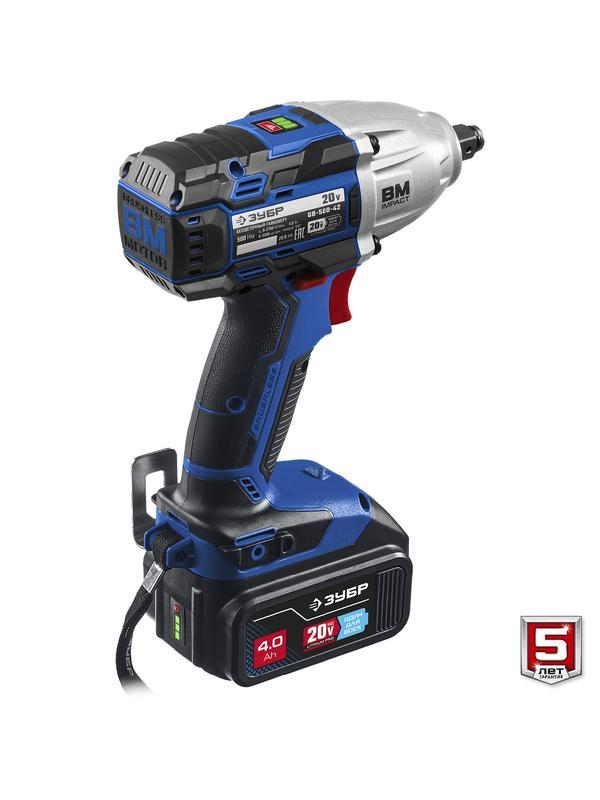 ЗУБР Т7, 20 В, 500 Н·м, 2 АКБ (4 А·ч), бесщеточный гайковерт, кейс, Профессионал (GB-500-42)