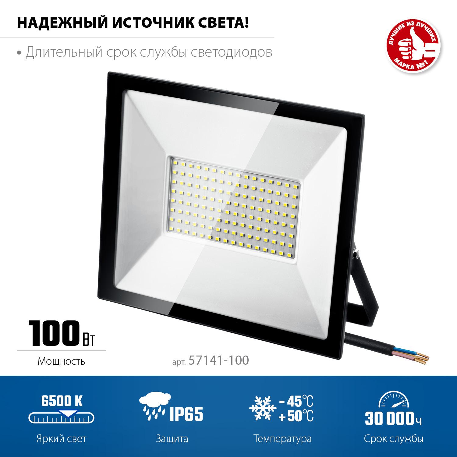 ЗУБР ПСК-100, 100 Вт, 6500 К, IP 65, светодиодный прожектор, Профессионал (57141-100)