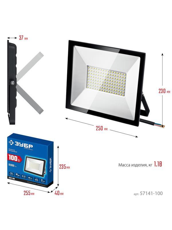 ЗУБР ПСК-100, 100 Вт, 6500 К, IP 65, светодиодный прожектор, Профессионал (57141-100)