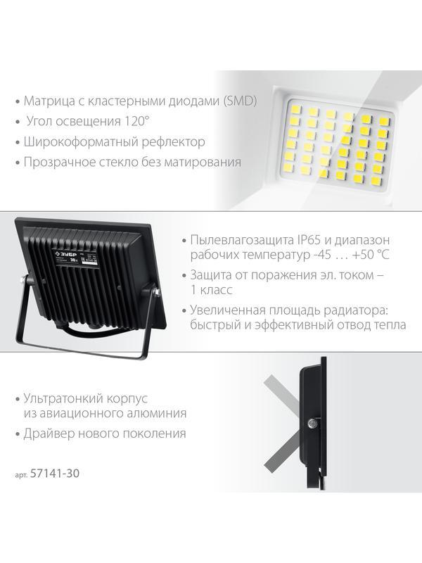 ЗУБР ПСК-30, 30 Вт, 6500 К, IP 65, светодиодный прожектор, Профессионал (57141-30)