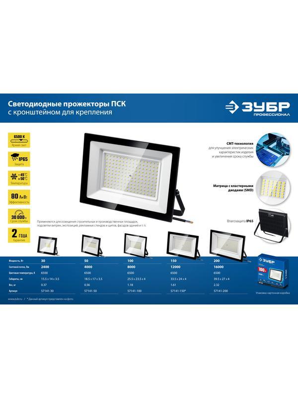 ЗУБР ПСК-50, 50 Вт, 6500 К, IP 65, светодиодный прожектор, Профессионал (57141-50)