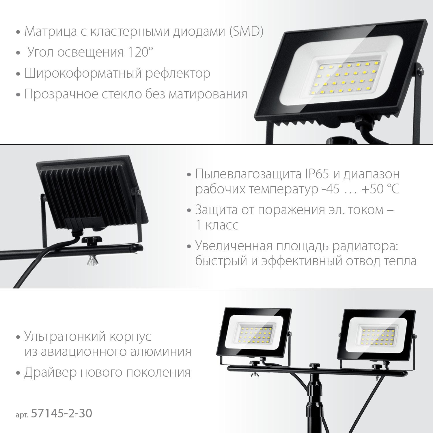 ЗУБР ПСК 30х2, 2 х 30 Вт, 6500 К, IP 65, 1.6 м, светодиодные прожекторы на штативе, Профессионал (57145-2-30)