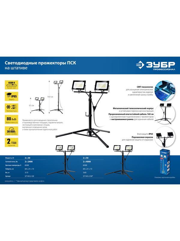 ЗУБР ПСК 30х2, 2 х 30 Вт, 6500 К, IP 65, 1.6 м, светодиодные прожекторы на штативе, Профессионал (57145-2-30)