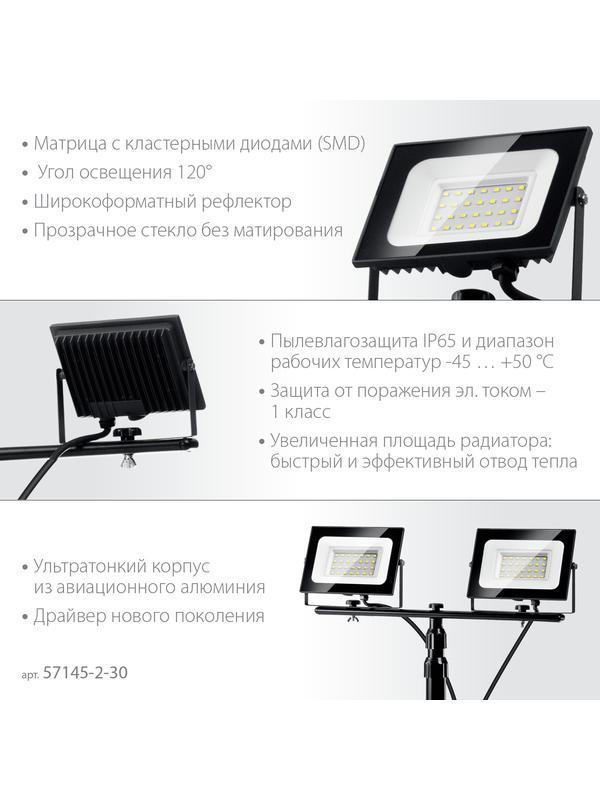 ЗУБР ПСК 30х2, 2 х 30 Вт, 6500 К, IP 65, 1.6 м, светодиодные прожекторы на штативе, Профессионал (57145-2-30)
