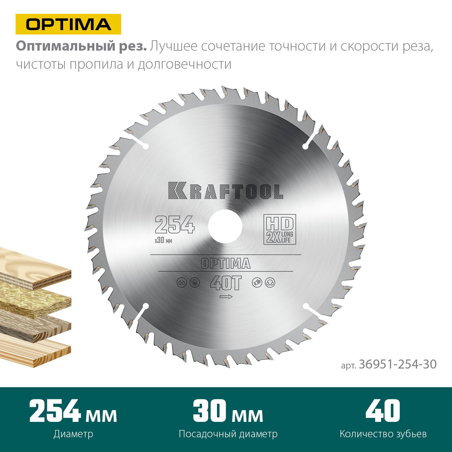 Пильный диск по дереву Kraftool Optima, 254 х 30 мм, 40Т (36951-254-30)