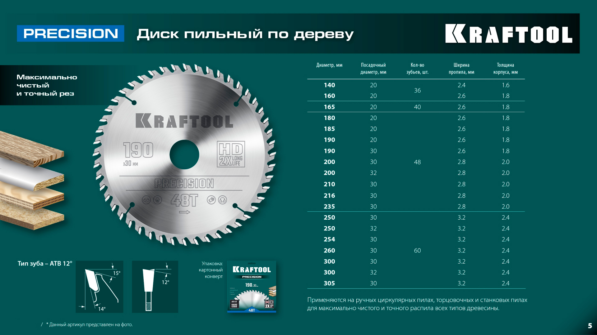 Пильный диск по дереву Kraftool Precision 36952-300-32, 60Т / 300 х 32 мм.