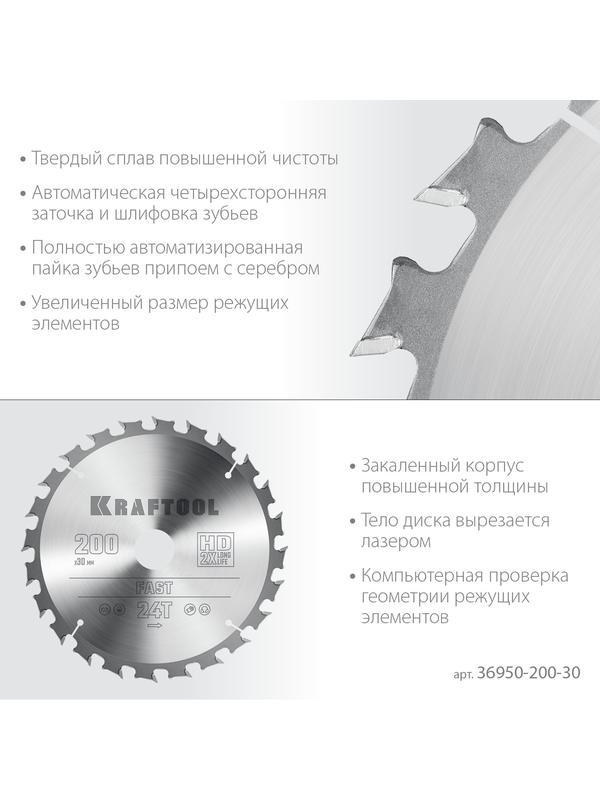Пильный диск по дереву Kraftool Fast, 200 х 30 мм, 24Т (36950-200-30)