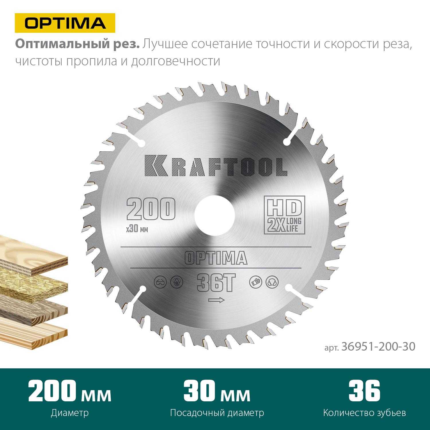 Пильный диск по дереву Kraftool Optima, 200 х 30 мм, 36Т (36951-200-30)