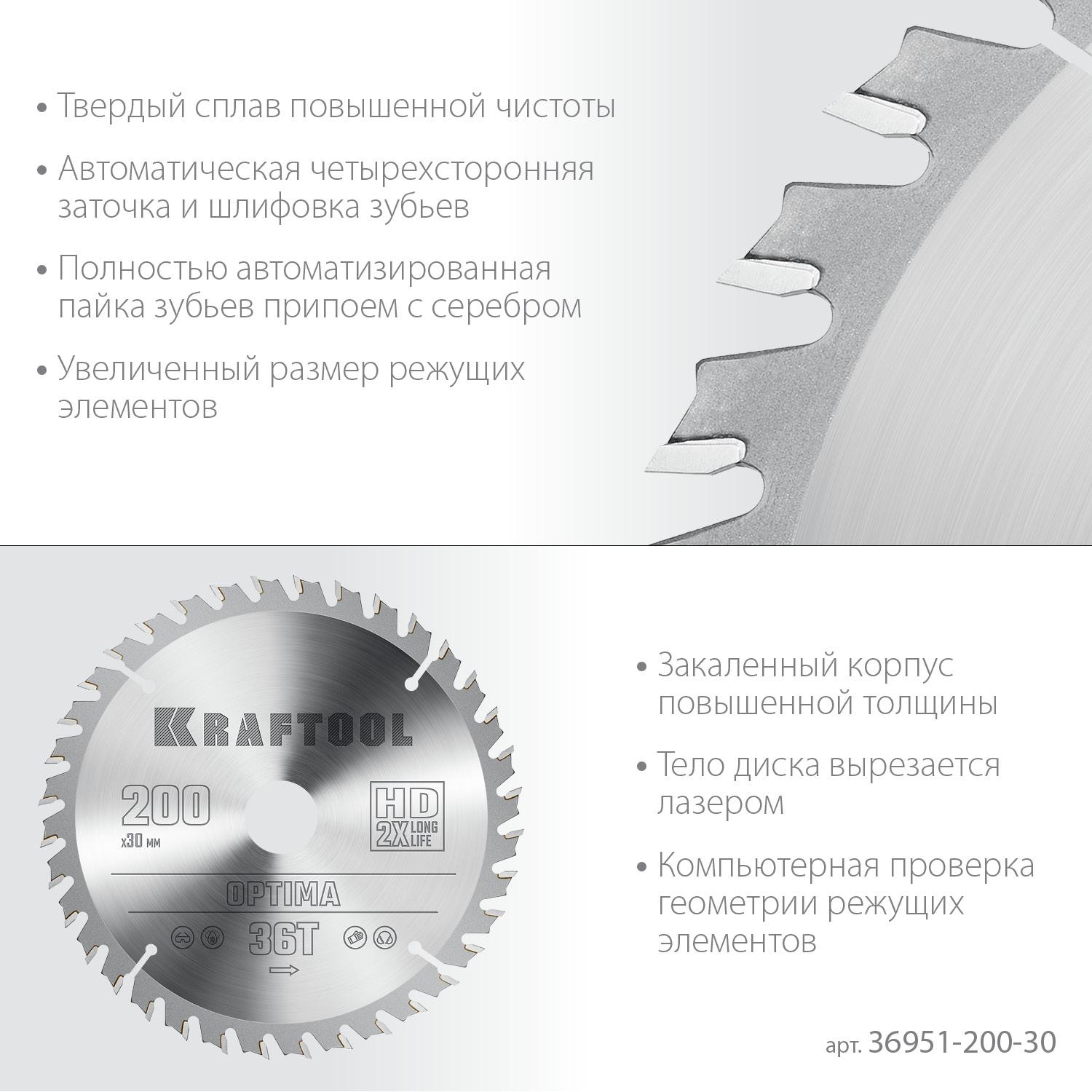 Пильный диск по дереву Kraftool Optima, 200 х 30 мм, 36Т (36951-200-30)