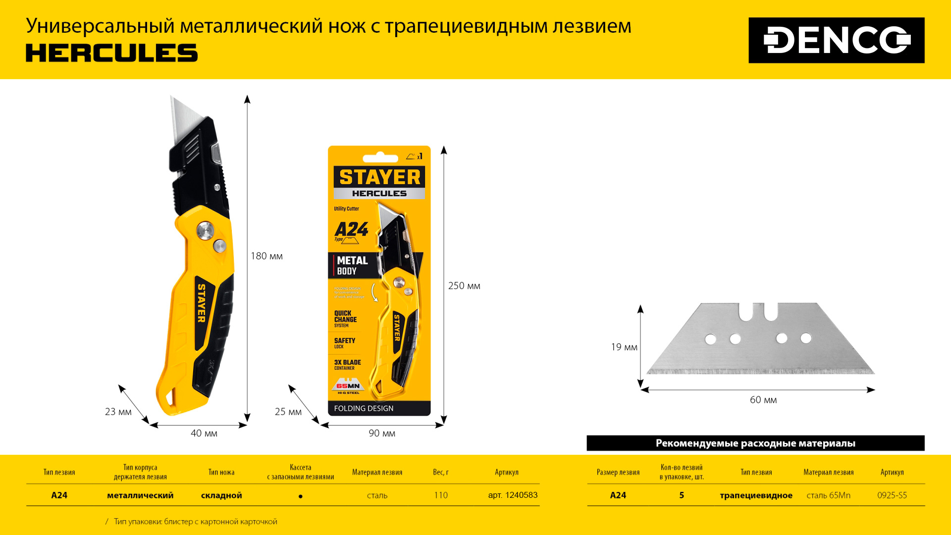 Нож строительный STAYER 0946, универсальный с трапециевидным сменным лезвием