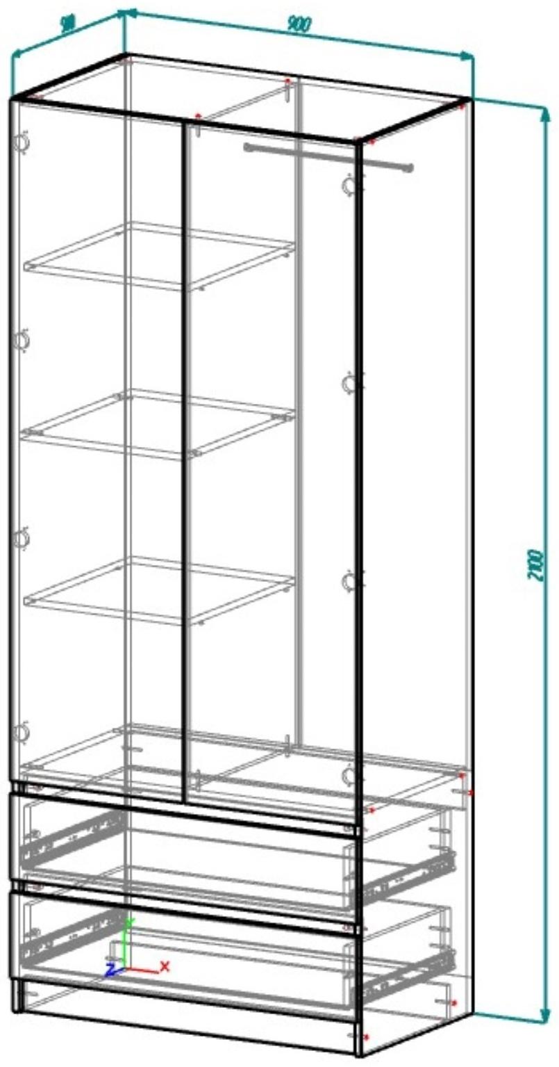 Шкаф 2х ств Мадера с 2-мя ящиками, 900х500х2100, Черный