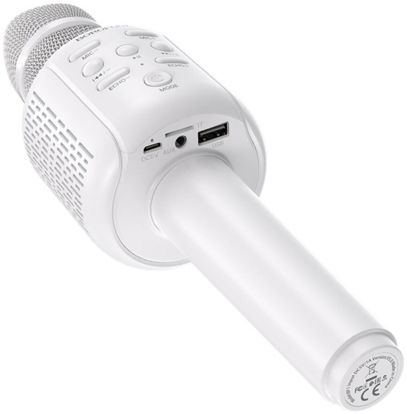 Микрофон для караоке Borofone BF1 Rhyme, 5 Вт, microSD, USB, 1200 мАч, белый
