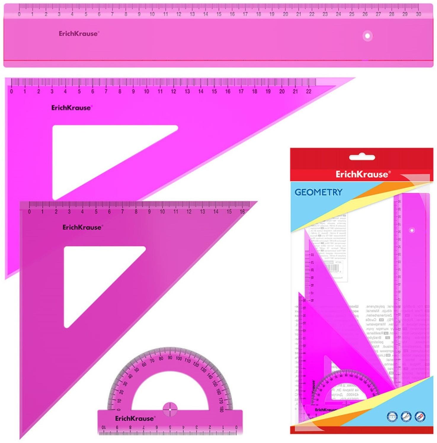 Набор геометрический ErichKrause Neon, пластиковый, большой (линейка, 2 угольника, транспортир), розовый, в флоупаке