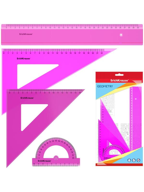 Набор геометрический ErichKrause Neon, пластиковый, большой (линейка, 2 угольника, транспортир), розовый, в флоупаке