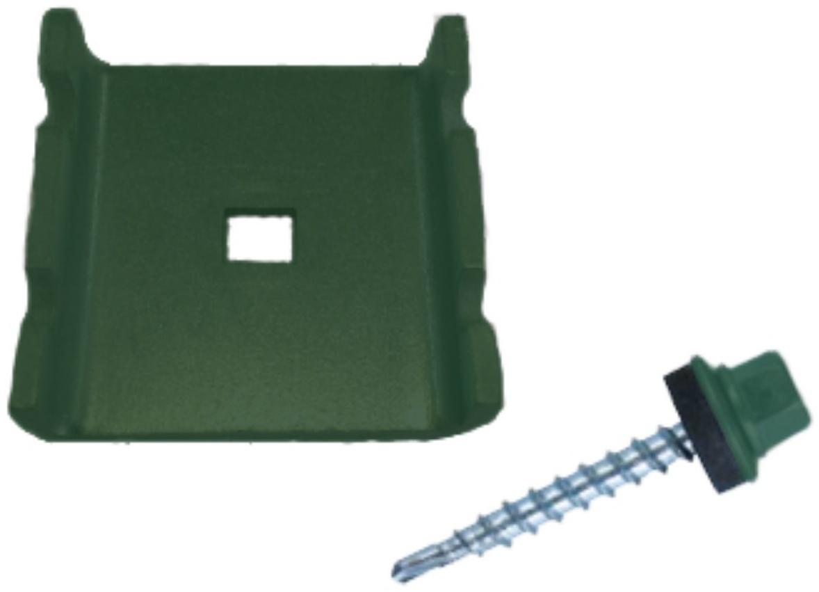 Комплект крепления, 2 предмета: кровельный саморез (5,5 × 38 мм) и скоба (40 × 35 мм), зелёный