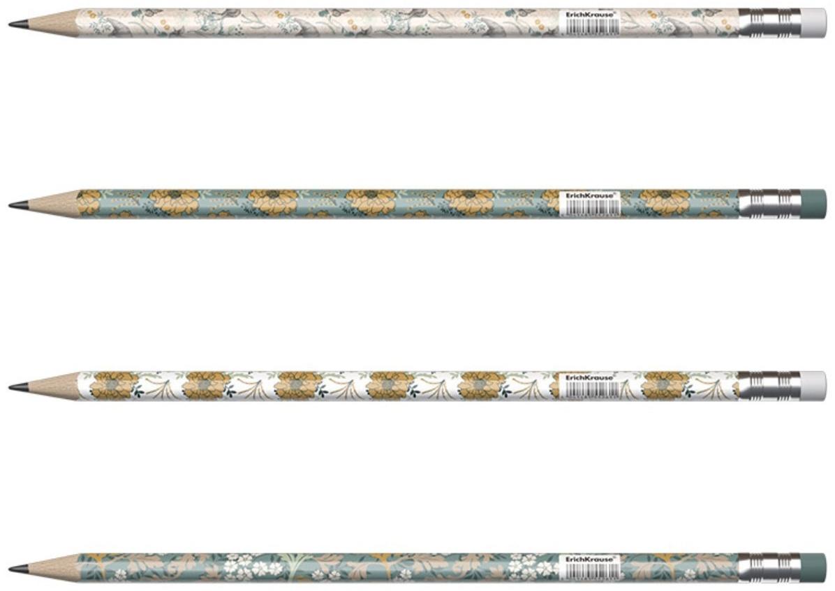 Карандаш чернографитный с ластиком ErichKrause Natural Life (простой), HB, грифель d 2.2 мм, трeхгранный, с принтом, из люкс древесины, микс