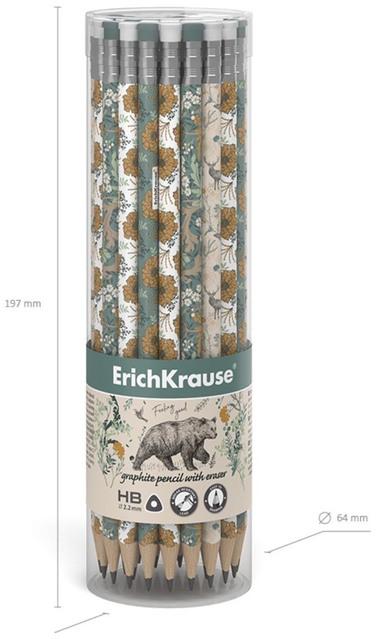 Карандаш чернографитный с ластиком ErichKrause Natural Life (простой), HB, грифель d 2.2 мм, трeхгранный, с принтом, из люкс древесины, микс