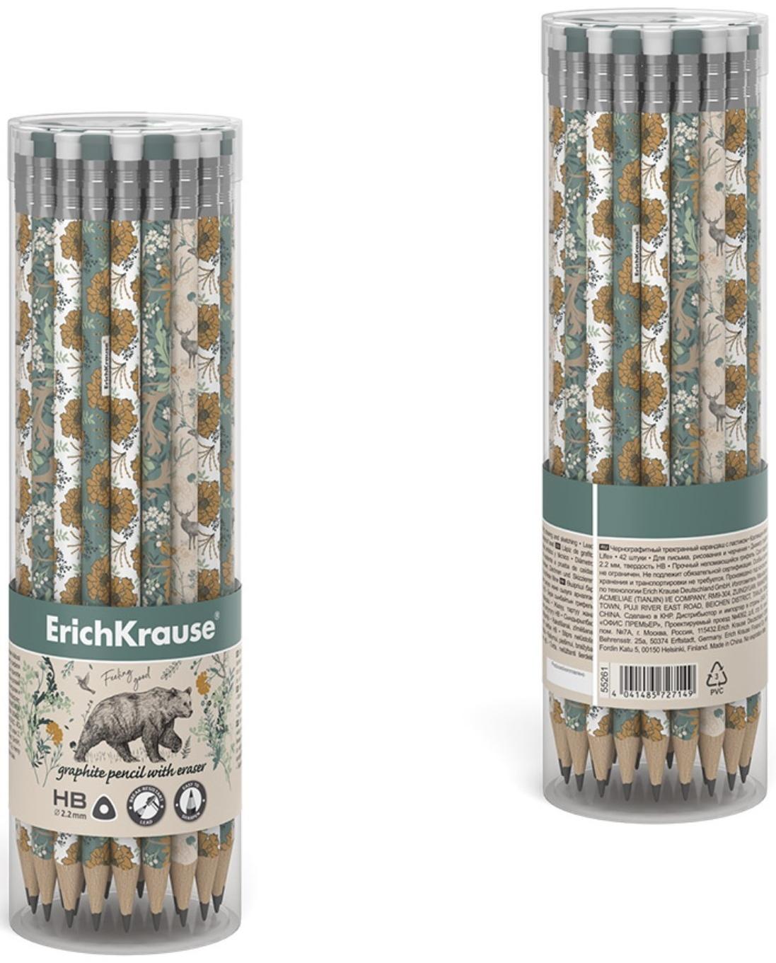 Карандаш чернографитный с ластиком ErichKrause Natural Life (простой), HB, грифель d 2.2 мм, трeхгранный, с принтом, из люкс древесины, микс